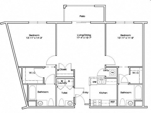 Floor plan for 2 beds, 2.5 baths, 1132 sqft